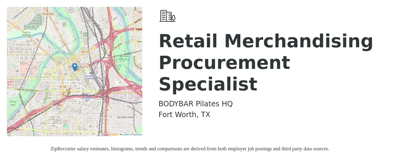 BODYBAR Pilates HQ job posting for a Retail Merchandising & Procurement Specialist in Fort Worth, TX with a salary of $60,000 to $69,000 Yearly with a map of Fort Worth location.