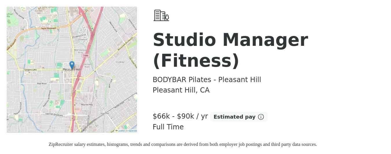 BODYBAR Pilates - Pleasant Hill job posting for a Studio Manager (Fitness) in Pleasant Hill, CA with a salary of $66,000 to $90,000 Yearly with a map of Pleasant Hill location.