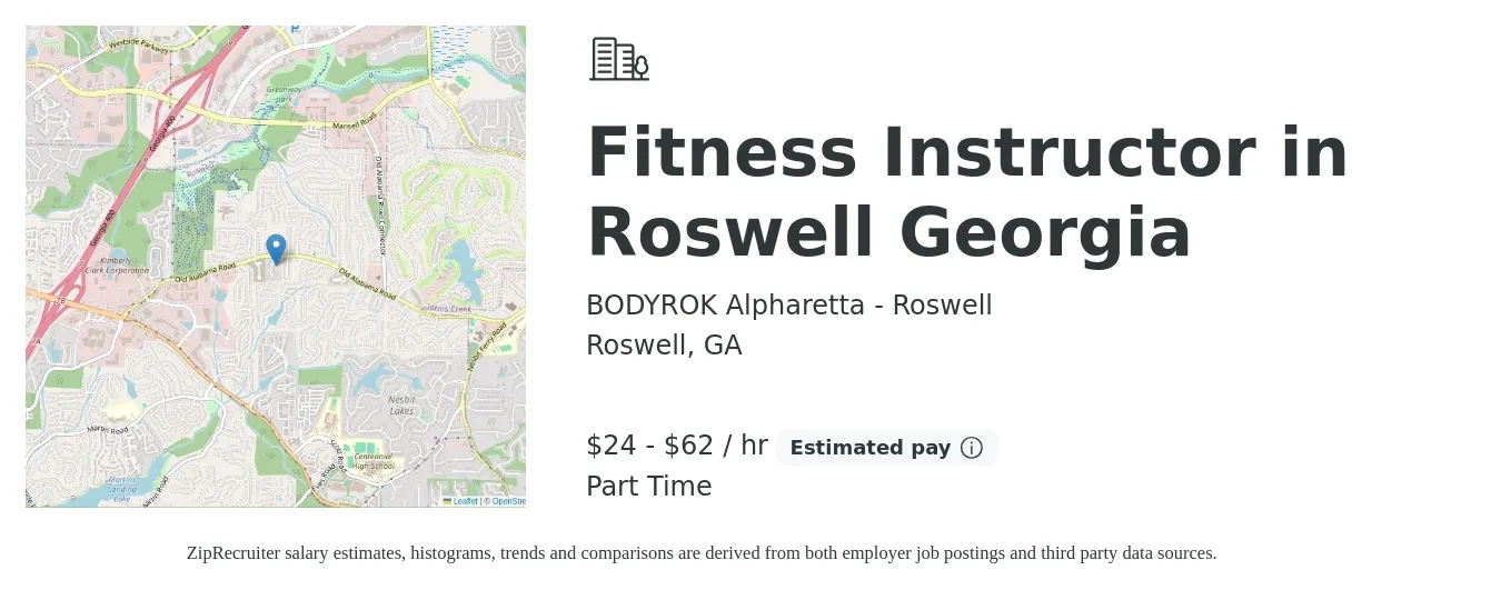 BODYROK Alpharetta - Roswell job posting for a Fitness Instructor in Roswell Georgia in Roswell, GA with a salary of $25 to $65 Hourly with a map of Roswell location.