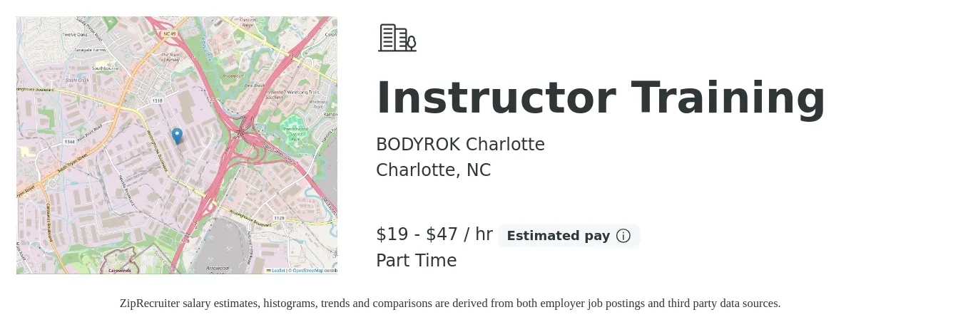 BODYROK Charlotte job posting for a Instructor Training in Charlotte, NC with a salary of $20 to $49 Hourly with a map of Charlotte location.
