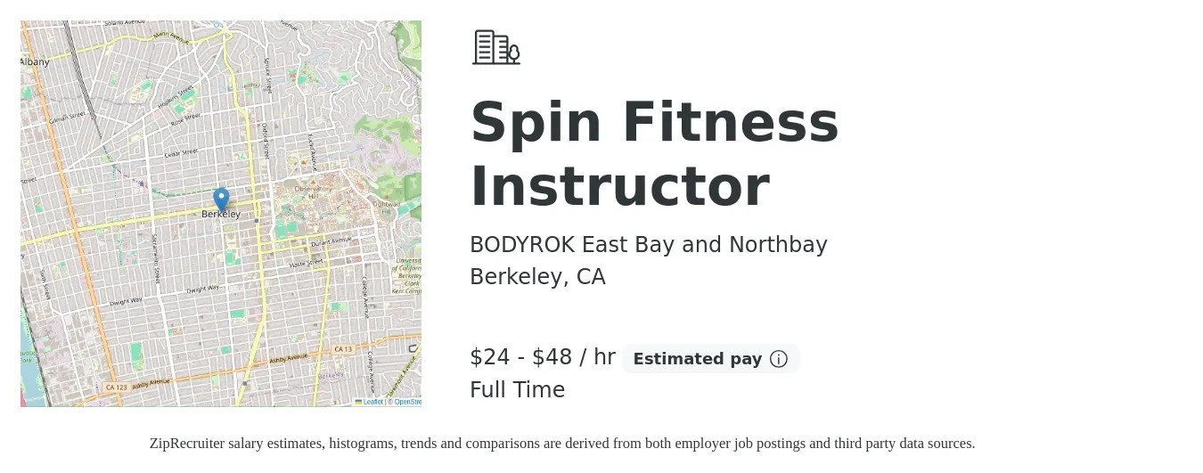 BODYROK East Bay and Northbay job posting for a Spin Fitness Instructor in Berkeley, CA with a salary of $25 to $50 Hourly with a map of Berkeley location.