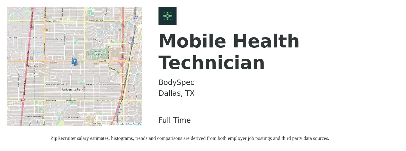 BodySpec job posting for a Mobile Health Technician in Dallas, TX with a salary of $21 to $24 Hourly with a map of Dallas location.