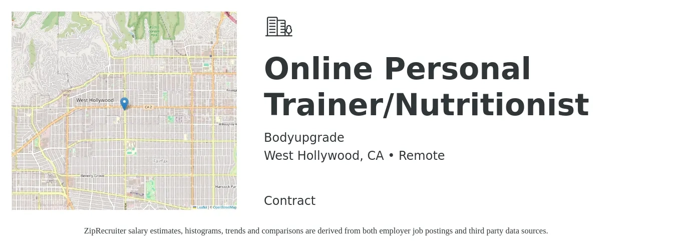 Bodyupgrade job posting for a Online Personal Trainer/Nutritionist in West Hollywood, CA with a salary of $1,000 to $10,000 Monthly with a map of West Hollywood location.
