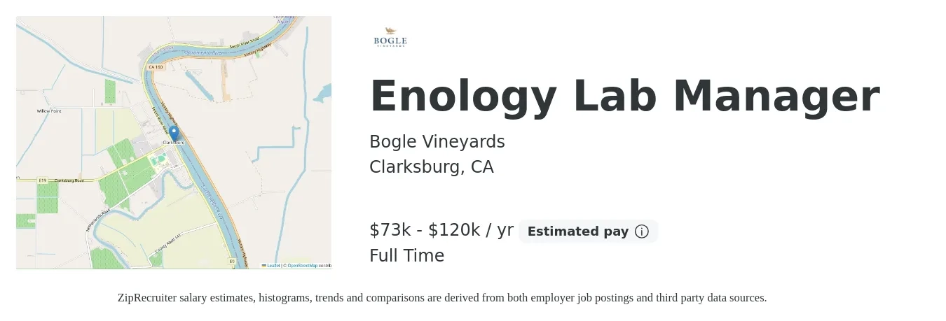 Bogle Vineyards job posting for a Enology Lab Manager in Clarksburg, CA with a salary of $73,000 to $120,000 Yearly with a map of Clarksburg location.