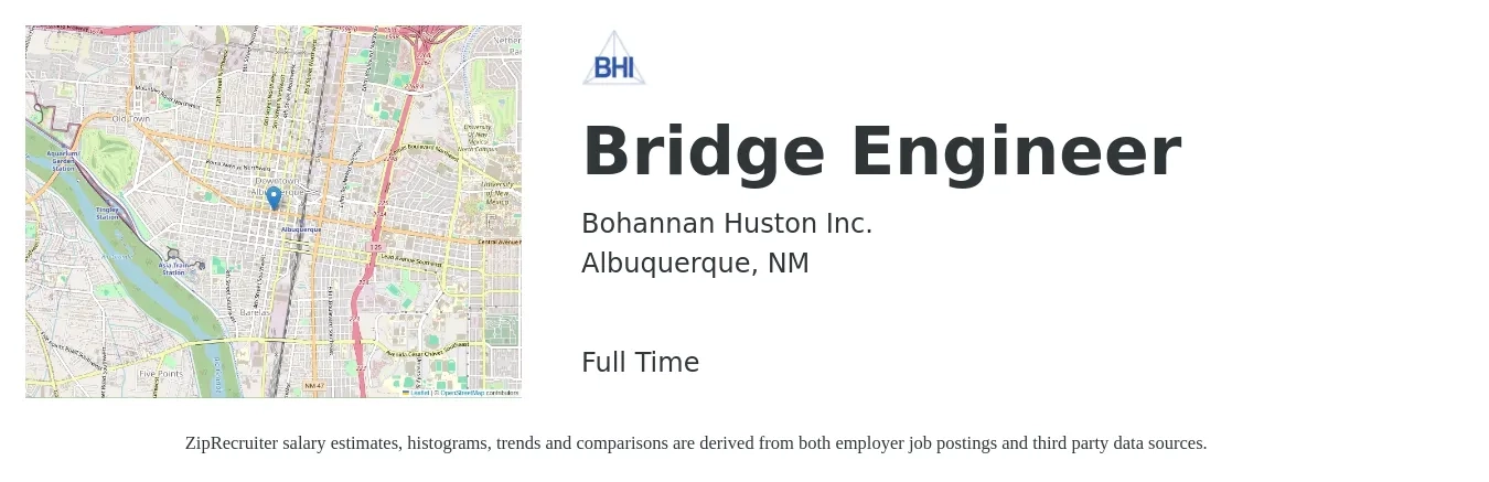 Bohannan Huston Inc. job posting for a Bridge Engineer in Albuquerque, NM with a salary of $84,400 to $107,200 Yearly with a map of Albuquerque location.
