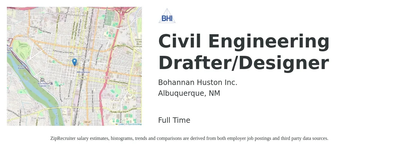 Bohannan Huston Inc. job posting for a Civil Engineering Drafter/Designer in Albuquerque, NM with a salary of $58,400 to $86,300 Yearly with a map of Albuquerque location.