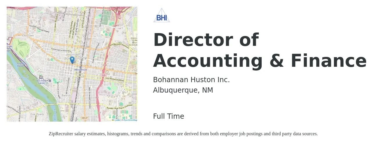 Bohannan Huston Inc. job posting for a Director of Accounting & Finance in Albuquerque, NM with a salary of $91,700 to $139,600 Yearly with a map of Albuquerque location.