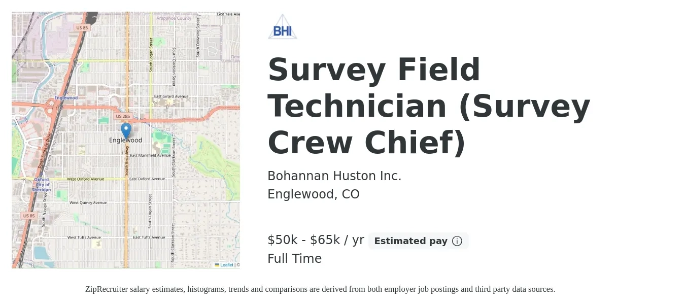 Bohannan Huston Inc. job posting for a Survey Field Technician (Survey Crew Chief) in Englewood, CO with a salary of $50,000 to $65,000 Yearly with a map of Englewood location.