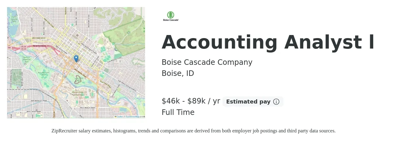 Boise Cascade Company job posting for a Accounting Analyst l in Boise, ID with a salary of $51,900 to $67,900 Yearly with a map of Boise location.