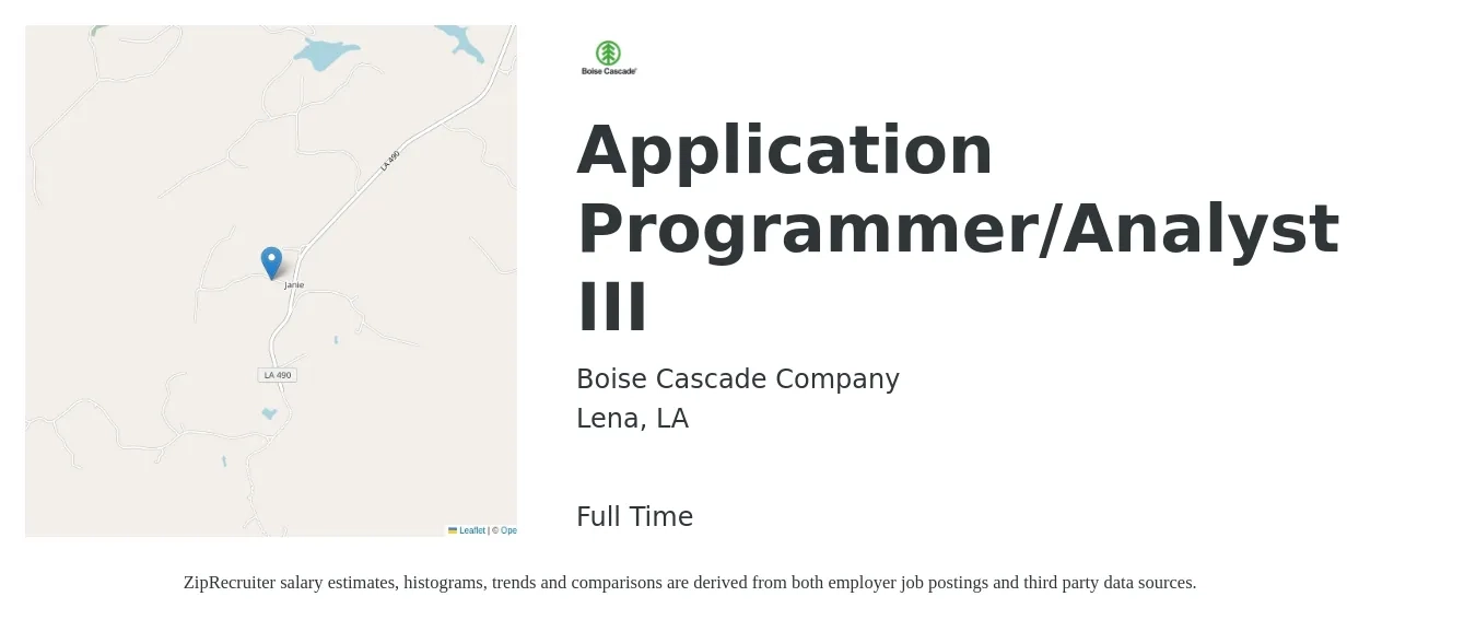 Boise Cascade Company job posting for a Application Programmer/Analyst III in Lena, LA with a salary of $32 to $47 Hourly with a map of Lena location.