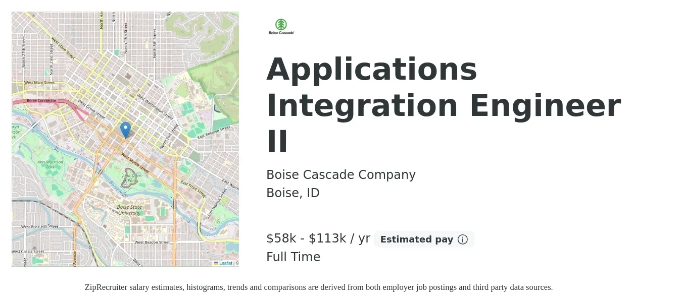 Boise Cascade Company job posting for a Applications Integration Engineer II in Boise, ID with a salary of $45 to $59 Hourly with a map of Boise location.