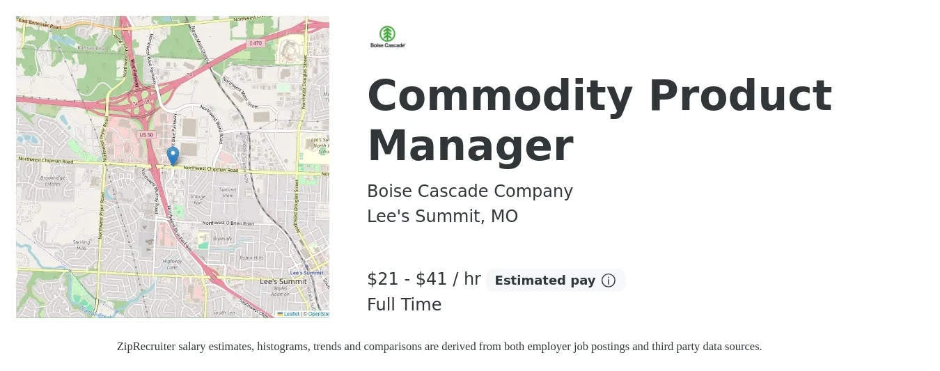 Boise Cascade Company job posting for a Commodity Product Manager in Lee's Summit, MO with a salary of $77,800 to $110,900 Yearly with a map of Lee's Summit location.