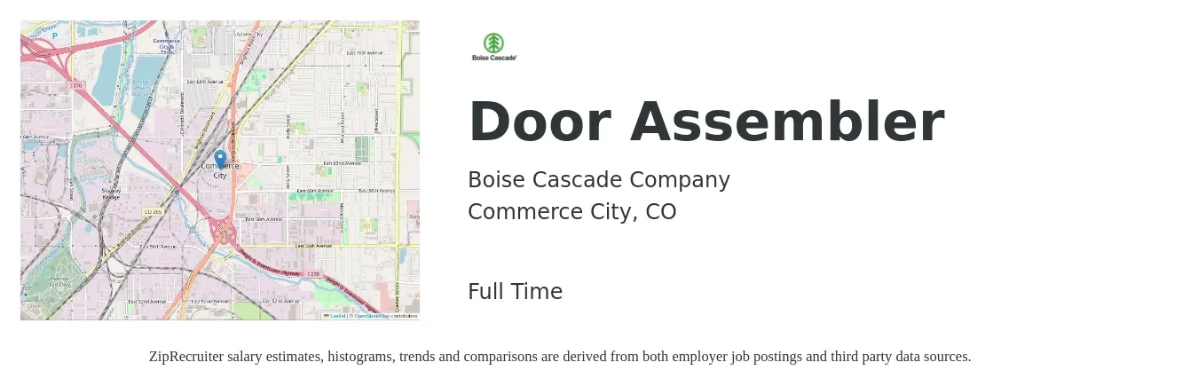 Boise Cascade Company job posting for a Door Assembler in Commerce City, CO with a salary of $14 to $20 Hourly with a map of Commerce City location.