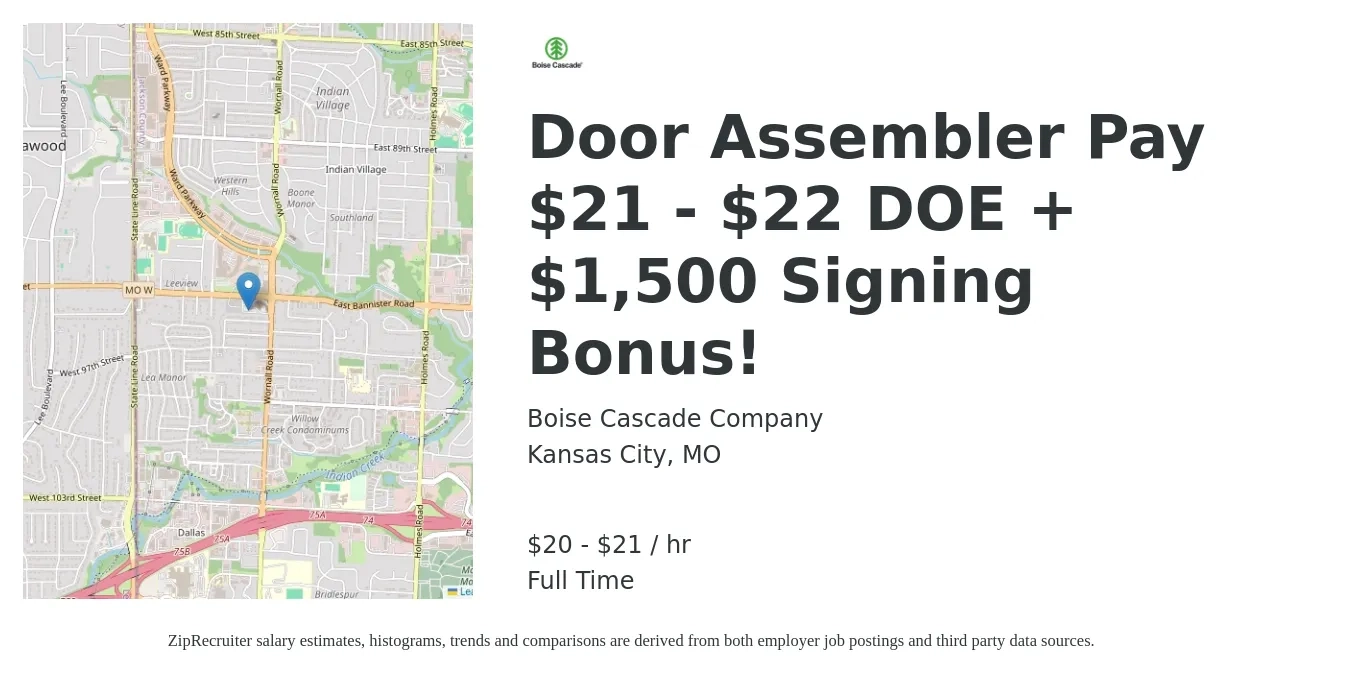 Boise Cascade Company job posting for a Door Assembler Pay $21 - $22 DOE + $1,500 Signing Bonus! in Kansas City, MO with a salary of $21 to $22 Hourly with a map of Kansas City location.