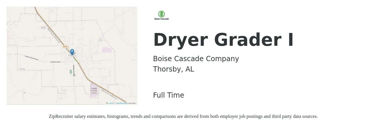 Boise Cascade Company job posting for a Dryer Grader I in Thorsby, AL with a salary of $11 to $19 Hourly with a map of Thorsby location.