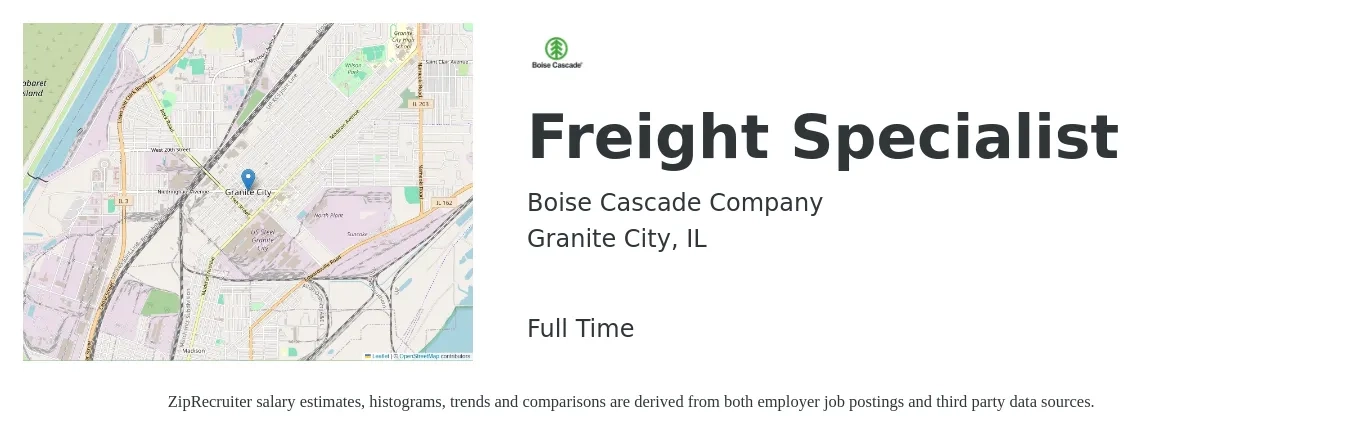 Boise Cascade Company job posting for a Freight Specialist in Granite City, IL with a salary of $40,000 to $55,700 Yearly with a map of Granite City location.