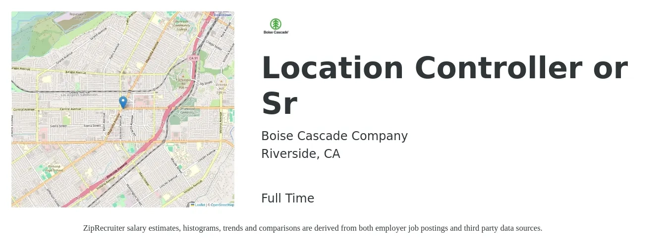 Boise Cascade Company job posting for a Location Controller or Sr in Riverside, CA with a salary of $106,900 to $160,100 Yearly with a map of Riverside location.