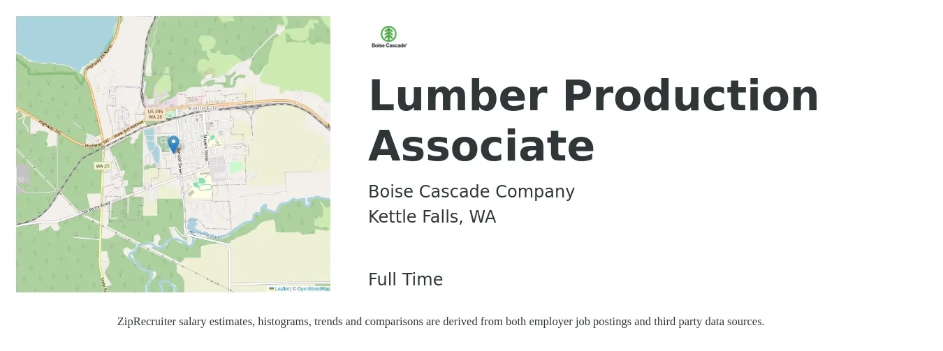 Boise Cascade Company job posting for a Lumber Production Associate in Kettle Falls, WA with a salary of $16 to $20 Hourly with a map of Kettle Falls location.