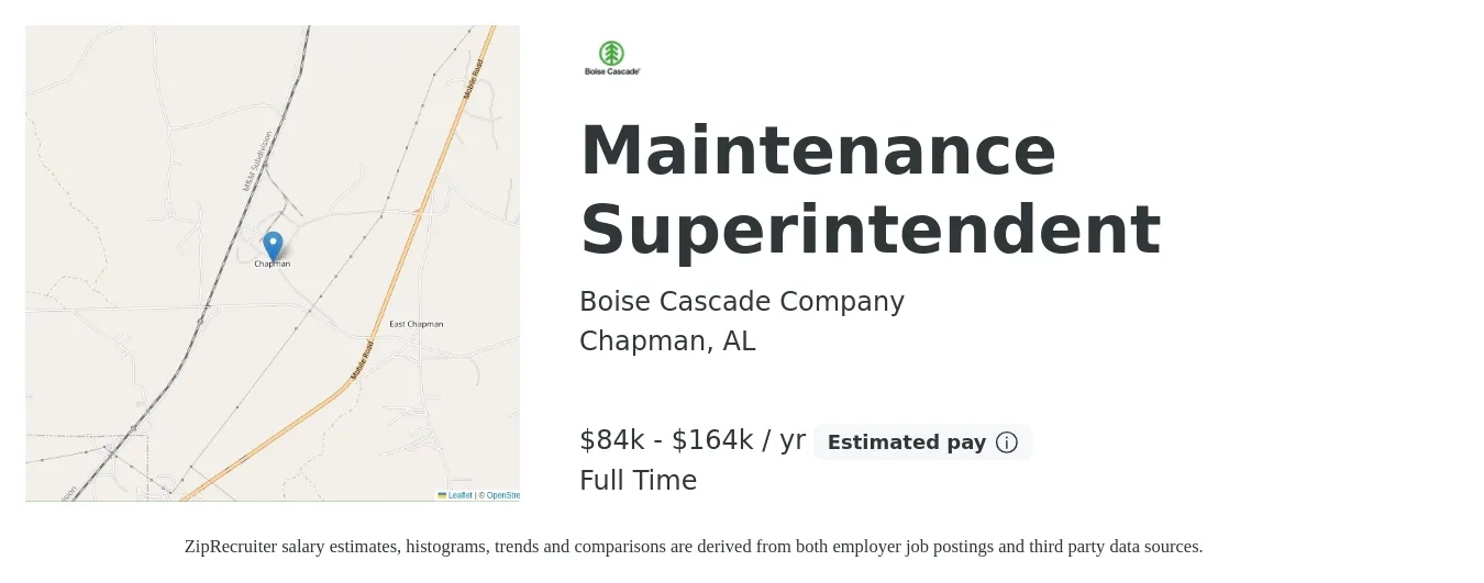 Boise Cascade Company job posting for a Maintenance Superintendent in Chapman, AL with a salary of $18 to $30 Hourly with a map of Chapman location.