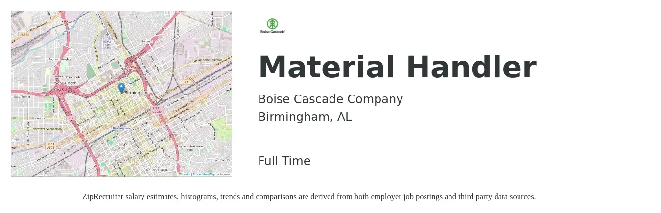 Boise Cascade Company job posting for a Material Handler in Birmingham, AL with a salary of $16 to $19 Hourly with a map of Birmingham location.