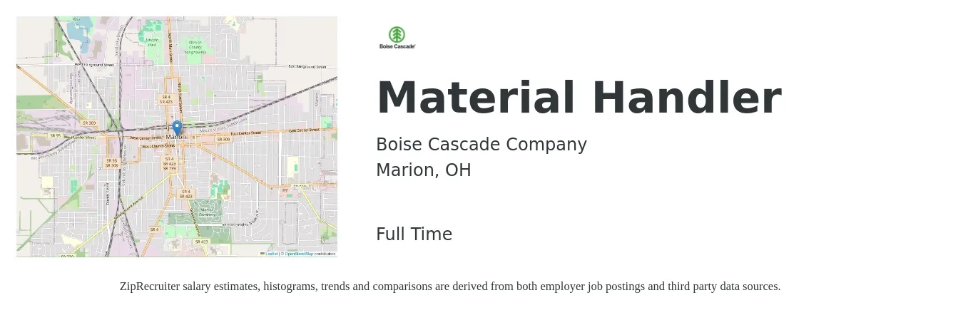 Boise Cascade Company job posting for a Material Handler in Marion, OH with a salary of $14 to $18 Hourly with a map of Marion location.