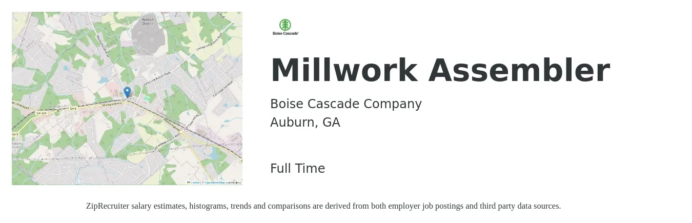 Boise Cascade Company job posting for a Millwork Assembler in Auburn, GA with a salary of $14 to $18 Hourly with a map of Auburn location.