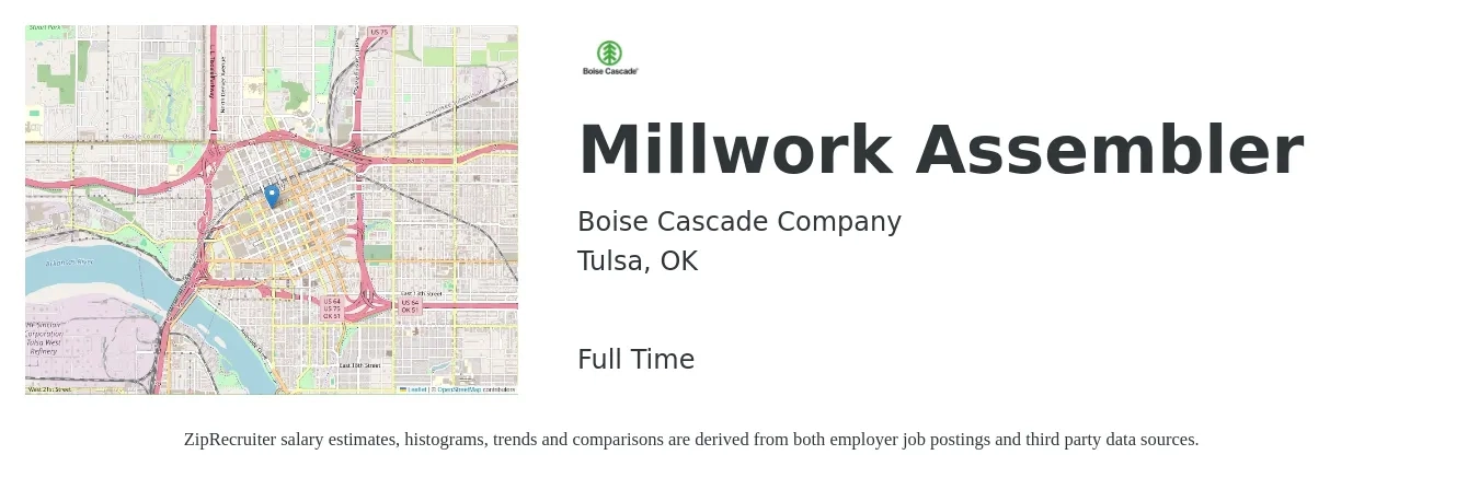 Boise Cascade Company job posting for a Millwork Assembler in Tulsa, OK with a salary of $14 to $17 Hourly with a map of Tulsa location.