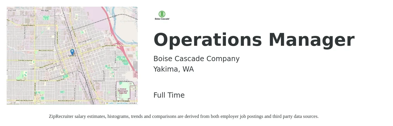 Boise Cascade Company job posting for a Operations Manager in Yakima, WA with a salary of $41,100 to $77,700 Yearly with a map of Yakima location.