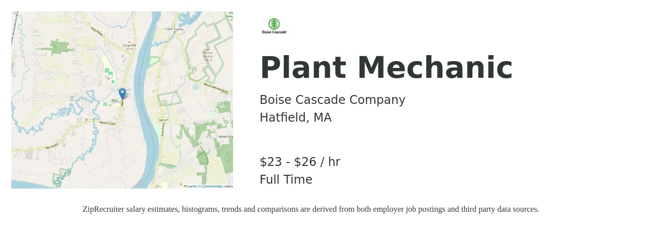 Boise Cascade Company job posting for a Plant Mechanic in Hatfield, MA with a salary of $24 to $28 Hourly with a map of Hatfield location.