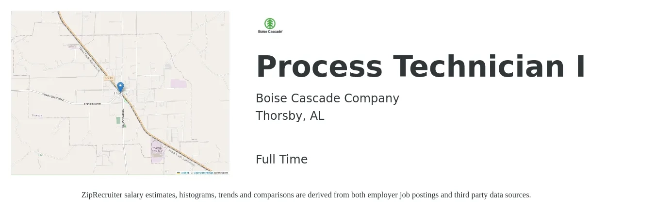 Boise Cascade Company job posting for a Process Technician I in Thorsby, AL with a salary of $18 to $26 Hourly with a map of Thorsby location.