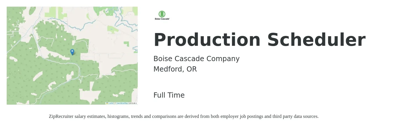 Boise Cascade Company job posting for a Production Scheduler in Medford, OR with a salary of $24 to $35 Hourly with a map of Medford location.