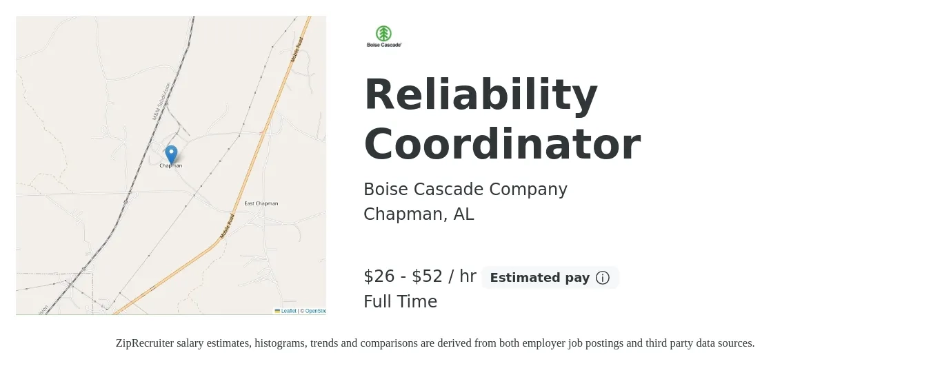 Boise Cascade Company job posting for a Reliability Coordinator in Chapman, AL with a salary of $16 to $23 Hourly with a map of Chapman location.