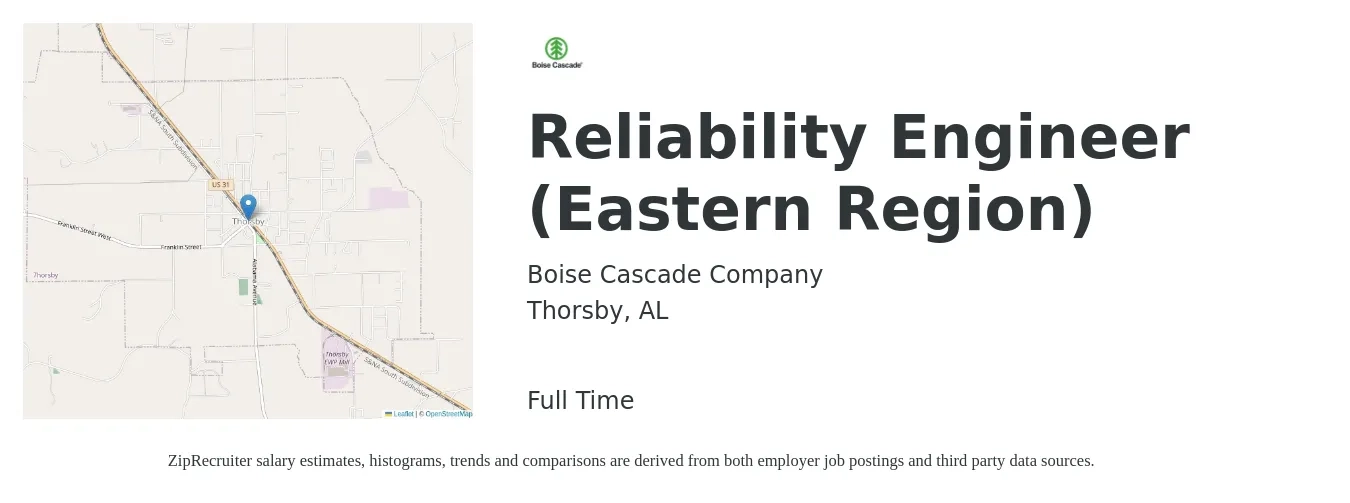 Boise Cascade Company job posting for a Reliability Engineer (Eastern Region) in Thorsby, AL with a salary of $91,000 to $114,600 Yearly with a map of Thorsby location.