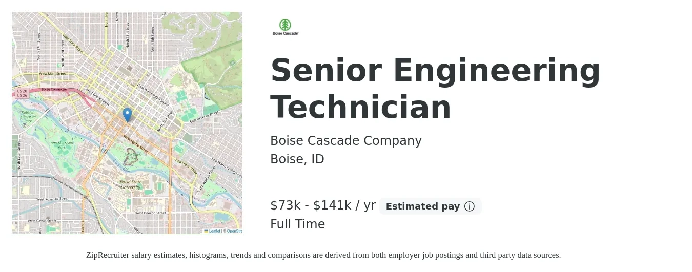 Boise Cascade Company job posting for a Senior Engineering Technician in Boise, ID with a salary of $24 to $34 Hourly with a map of Boise location.