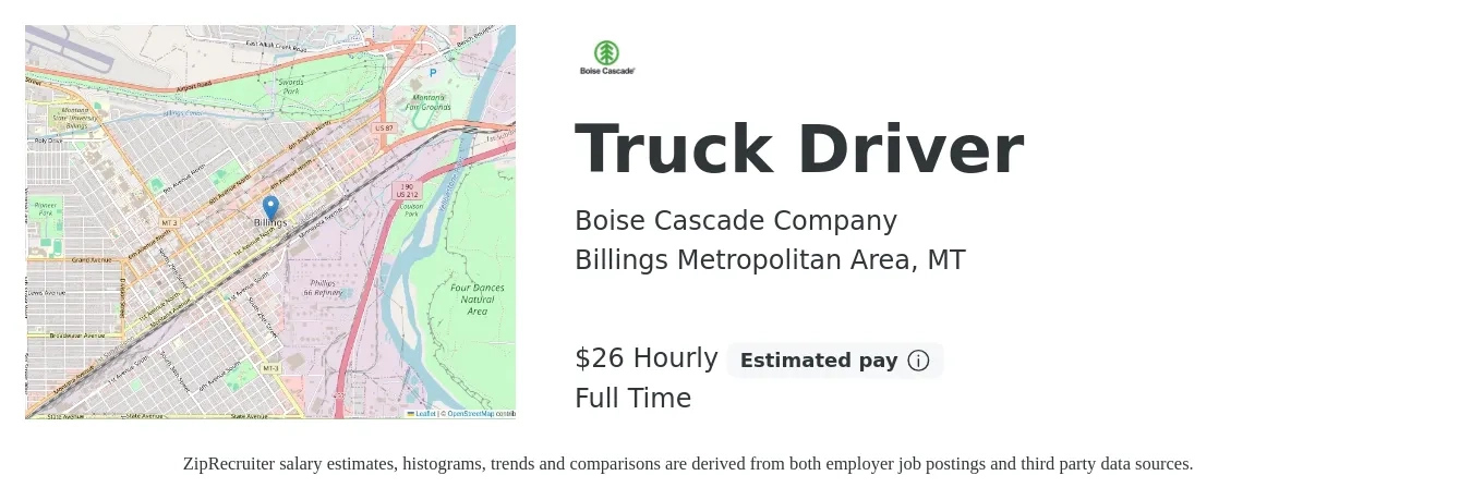 Boise Cascade Company job posting for a Truck Driver in Billings Metropolitan Area, MT with a salary of $20 to $32 Hourly with a map of Billings Metropolitan Area location.