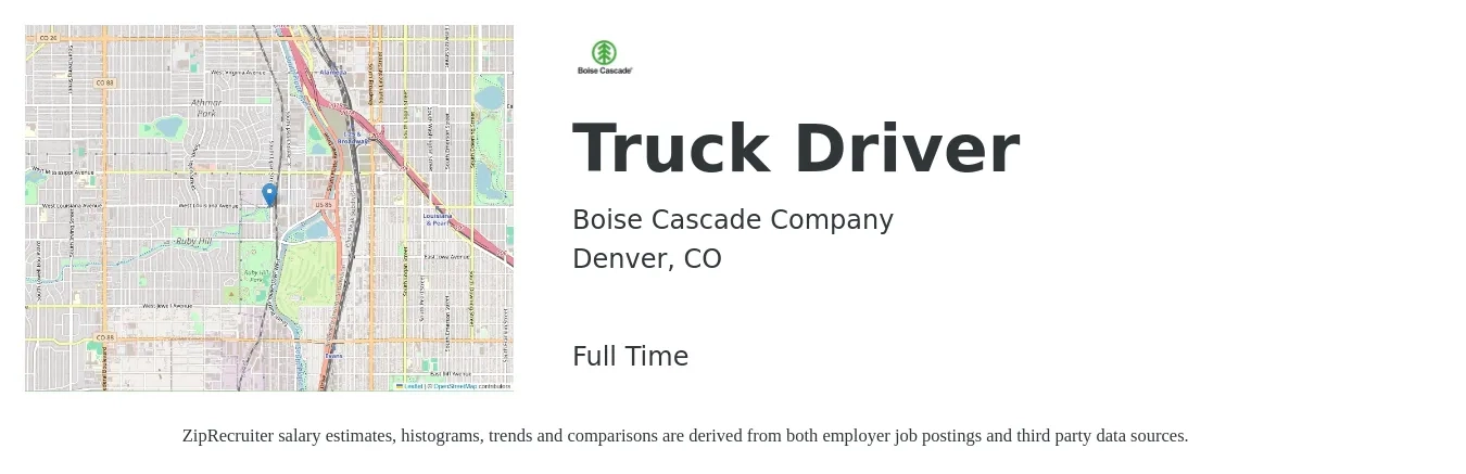 Boise Cascade Company job posting for a Truck Driver in Denver, CO with a salary of $20 to $34 Hourly with a map of Denver location.