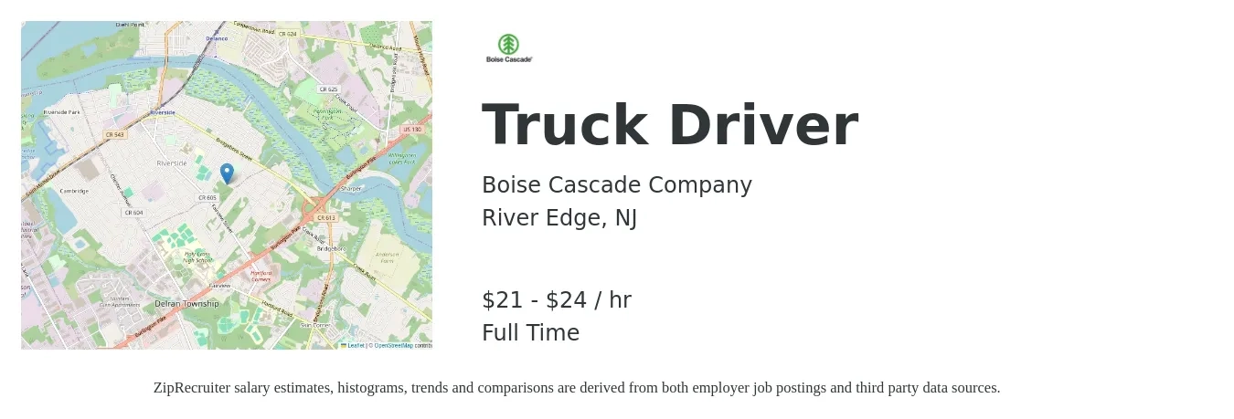 Boise Cascade Company job posting for a Truck Driver in River Edge, NJ with a salary of $22 to $25 Hourly with a map of River Edge location.