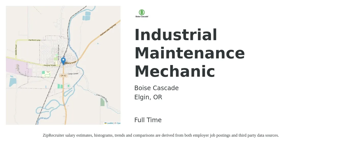 Boise Cascade Company job posting for a Industrial Maintenance Mechanic in Elgin, OR with a salary of $25 to $31 Hourly with a map of Elgin location.