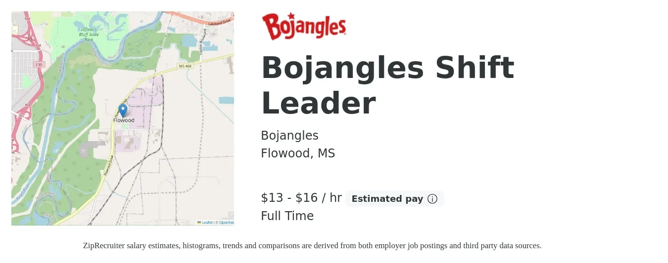 Bojangles job posting for a Bojangles Shift Leader in Flowood, MS with a salary of $14 to $17 Hourly with a map of Flowood location.