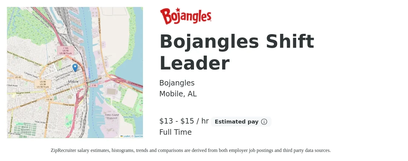Bojangles job posting for a Bojangles Shift Leader in Mobile, AL with a salary of $14 to $16 Hourly with a map of Mobile location.