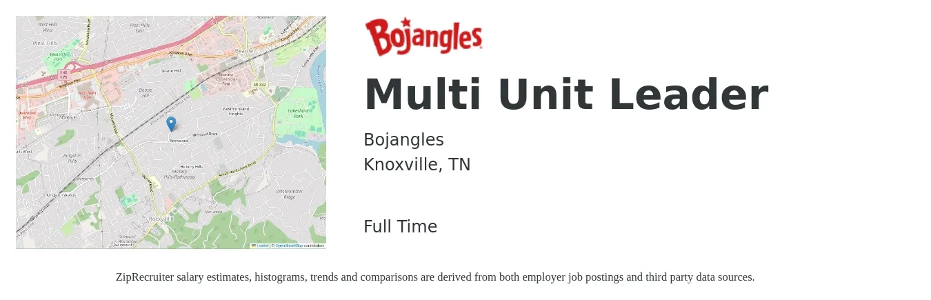 Bojangles job posting for a Multi Unit Leader in Knoxville, TN with a salary of $12 to $14 Hourly with a map of Knoxville location.