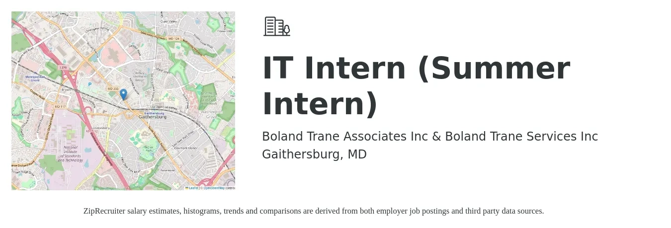 Boland Trane Associates Inc & Boland Trane Services Inc job posting for a IT Intern (Summer Intern) in Gaithersburg, MD with a salary of $18 to $21 Hourly with a map of Gaithersburg location.