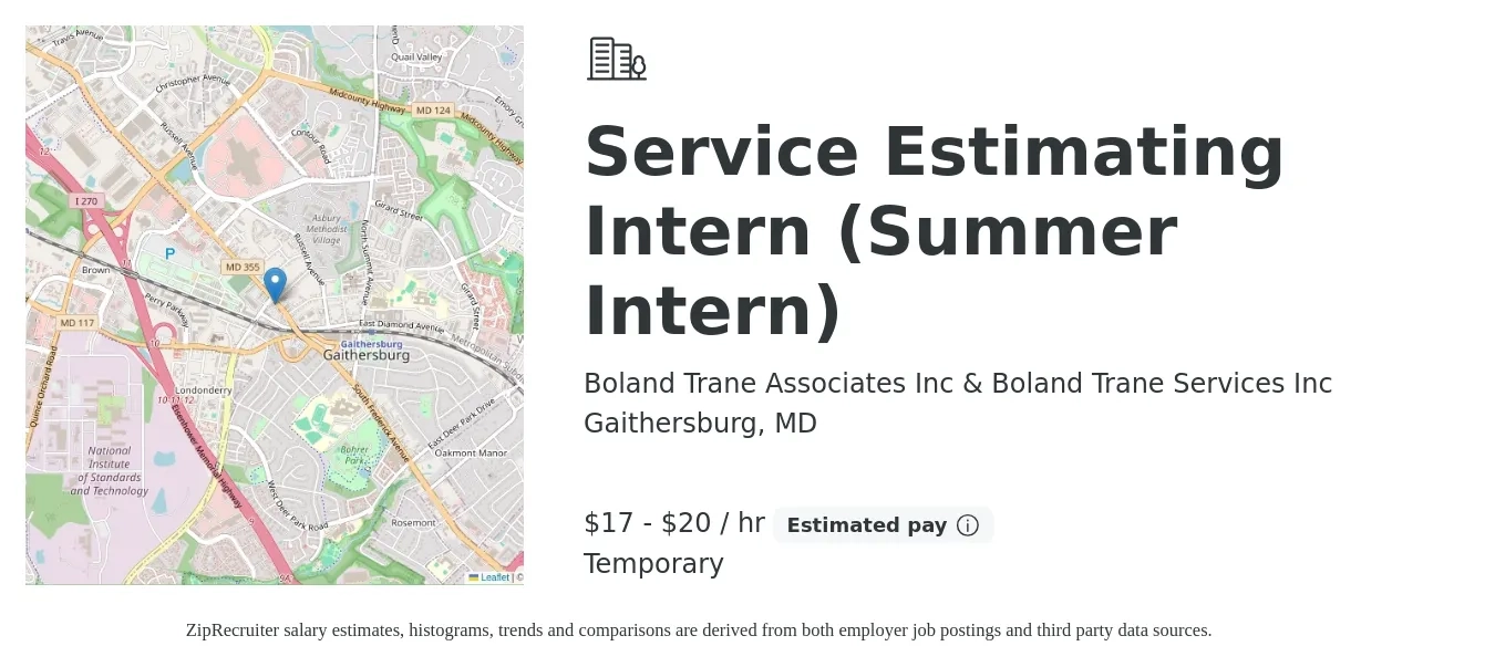 Boland Trane Associates Inc & Boland Trane Services Inc job posting for a Service Estimating Intern (Summer Intern) in Gaithersburg, MD with a salary of $18 to $21 Hourly with a map of Gaithersburg location.
