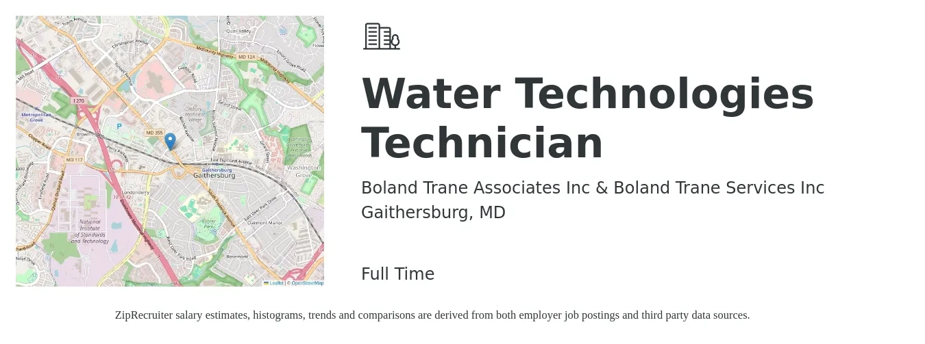 Boland Trane Associates Inc & Boland Trane Services Inc job posting for a Water Technologies Technician in Gaithersburg, MD with a salary of $21 to $29 Hourly with a map of Gaithersburg location.