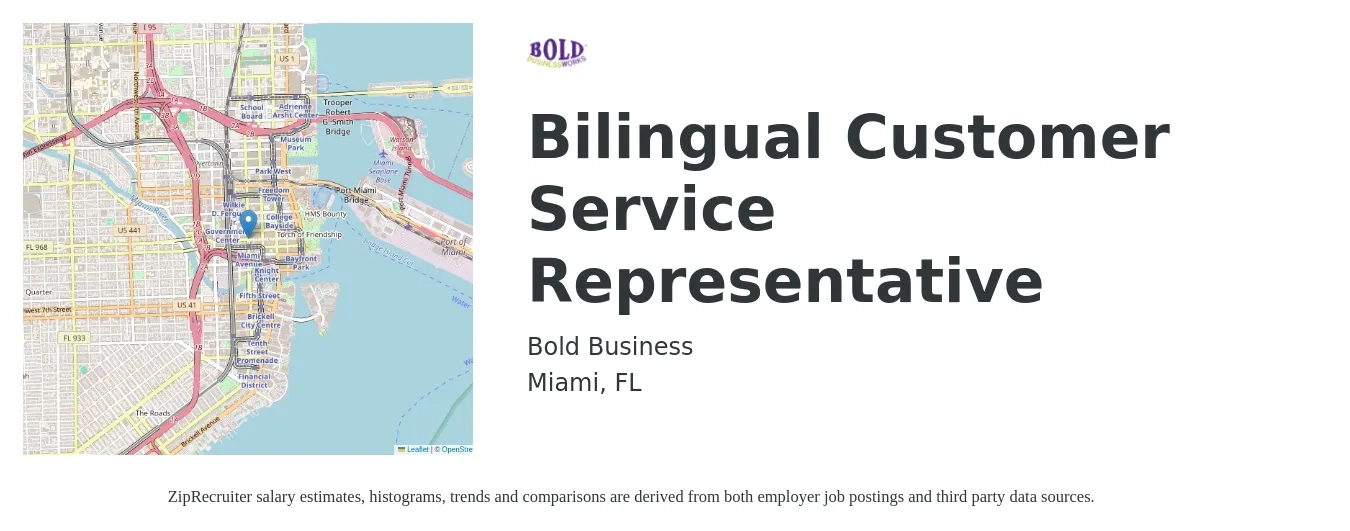 Bold Business job posting for a Bilingual Customer Service Representative in Miami, FL with a salary of $15 to $19 Hourly with a map of Miami location.