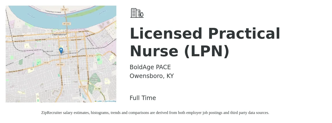 BoldAge PACE job posting for a Licensed Practical Nurse (LPN) in Owensboro, KY with a salary of $22 to $29 Hourly with a map of Owensboro location.