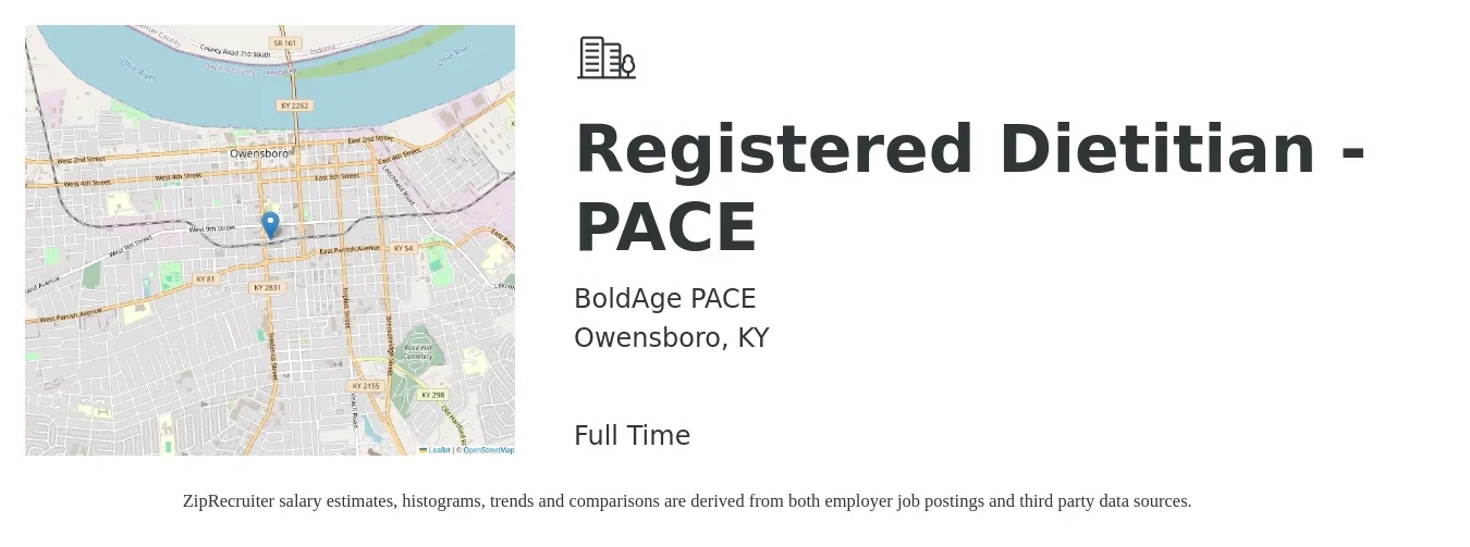 BoldAge PACE job posting for a Registered Dietitian - PACE in Owensboro, KY with a salary of $26 to $35 Hourly with a map of Owensboro location.