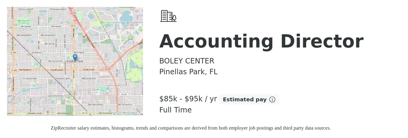 BOLEY CENTER job posting for a Accounting Director in Pinellas Park, FL with a salary of $85,000 to $95,000 Yearly with a map of Pinellas Park location.