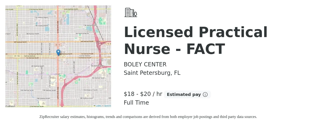 BOLEY CENTER job posting for a Licensed Practical Nurse - FACT in Saint Petersburg, FL with a salary of $19 to $21 Hourly with a map of Saint Petersburg location.