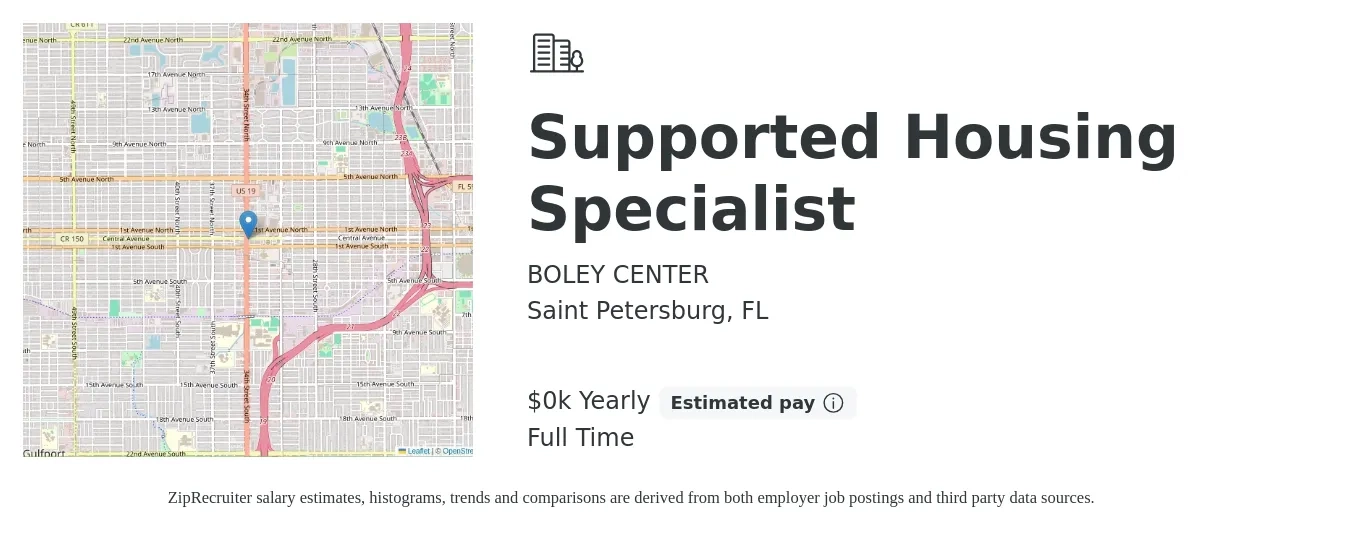 BOLEY CENTER job posting for a Supported Housing Specialist in Saint Petersburg, FL with a salary of $18 to $20 Yearly with a map of Saint Petersburg location.